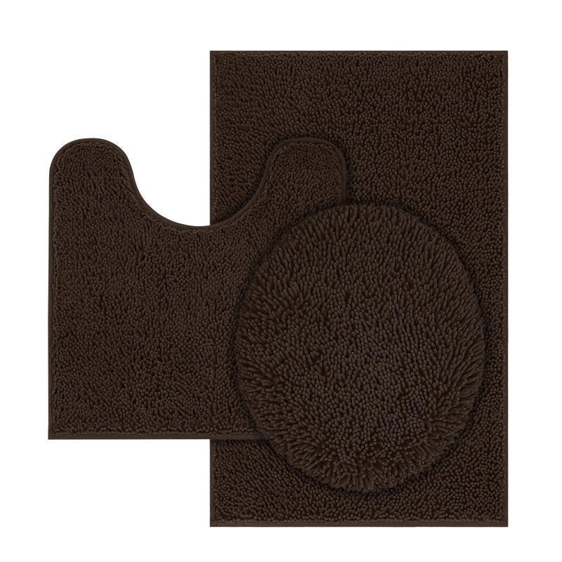 TREETONE Chenille Bath Mat 3 Piece Bathroom Rugs Set, 20x20 Inchs U-Shape Contoured Toilet Mat & 20x32 Inchs Rug & Lid Cover Water Absorbent Plush Rugs for Tub Shower & Bath Room -Chocolate Brown - Image 1